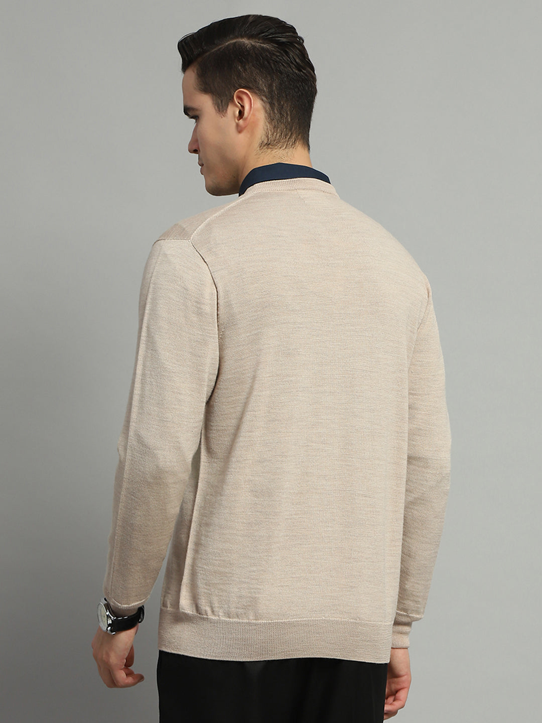 Luxuria Men Beige Solid V Neck Full Sleeve Pullover
