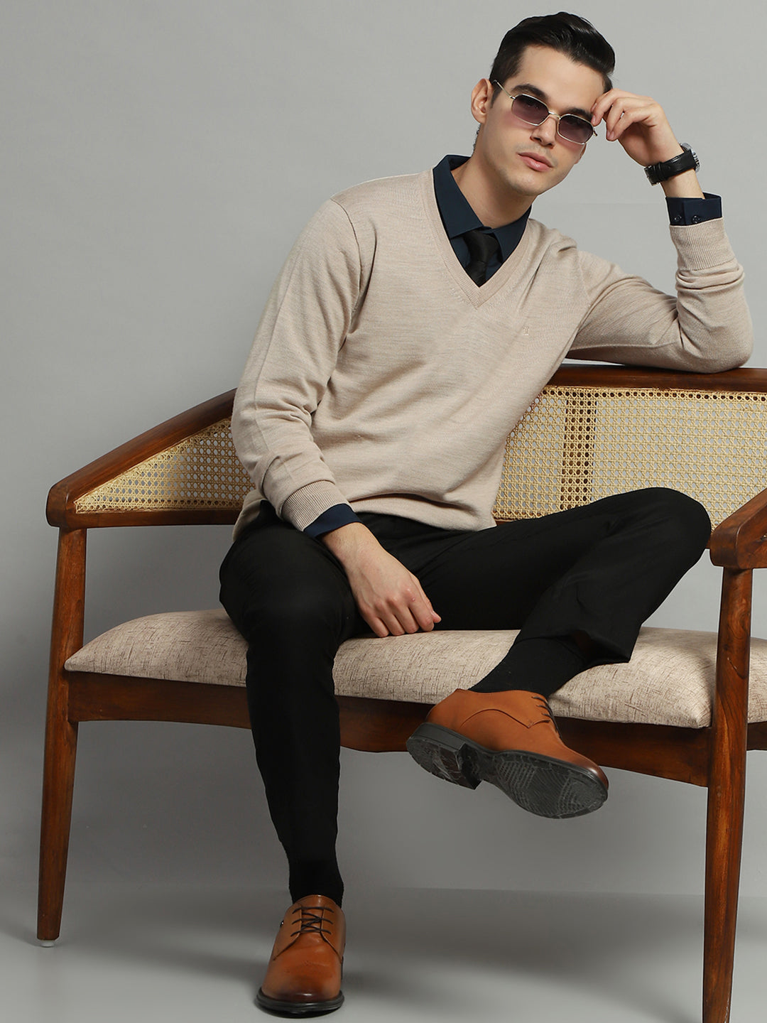 Luxuria Men Beige Solid V Neck Full Sleeve Pullover