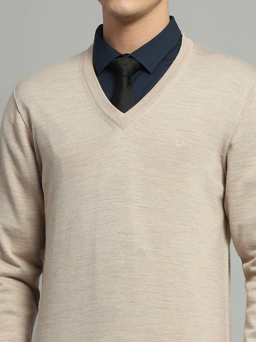 Luxuria Men Beige Solid V Neck Full Sleeve Pullover