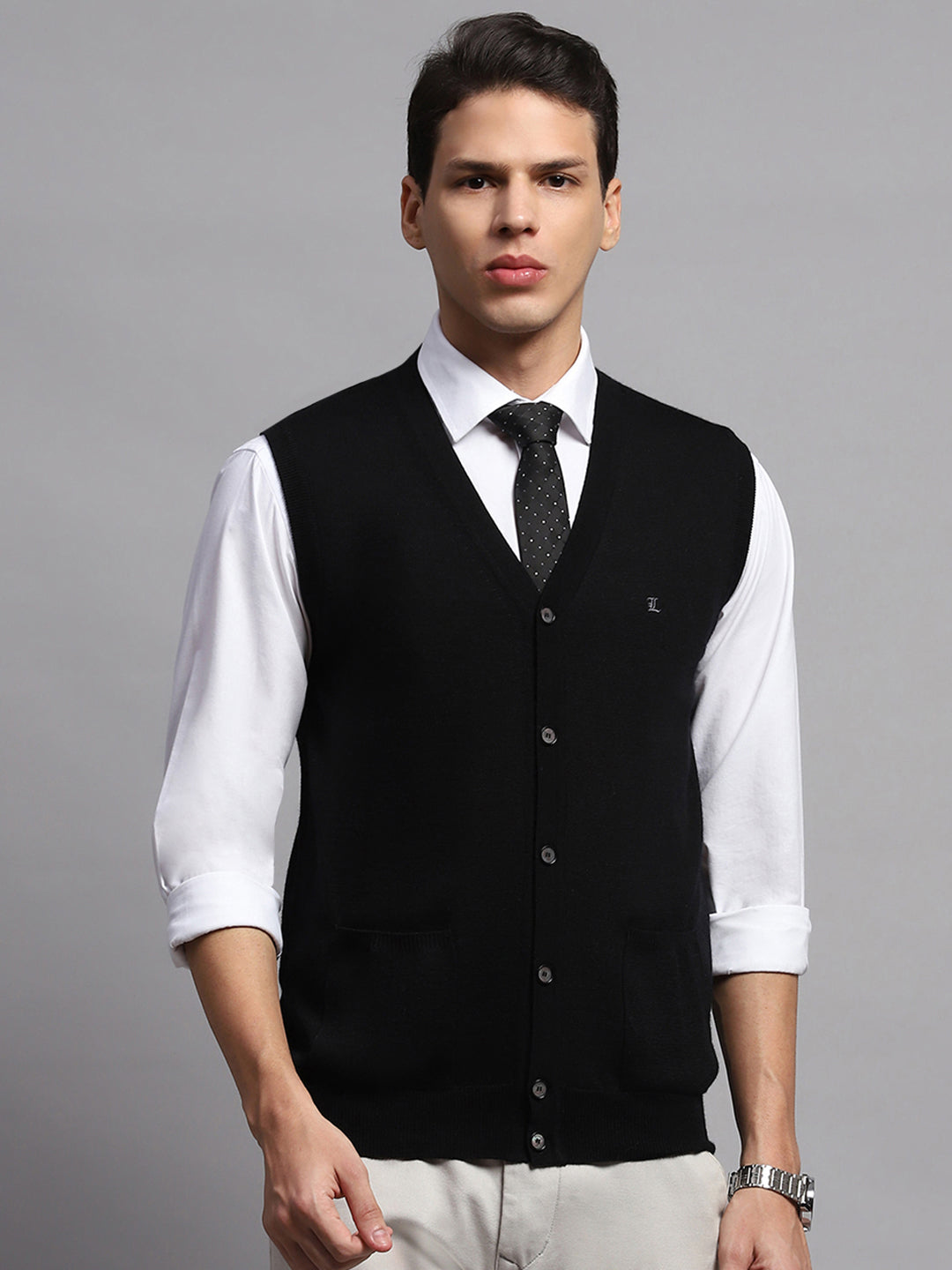 Men Black Solid V Neck Sleeveless Cardigan