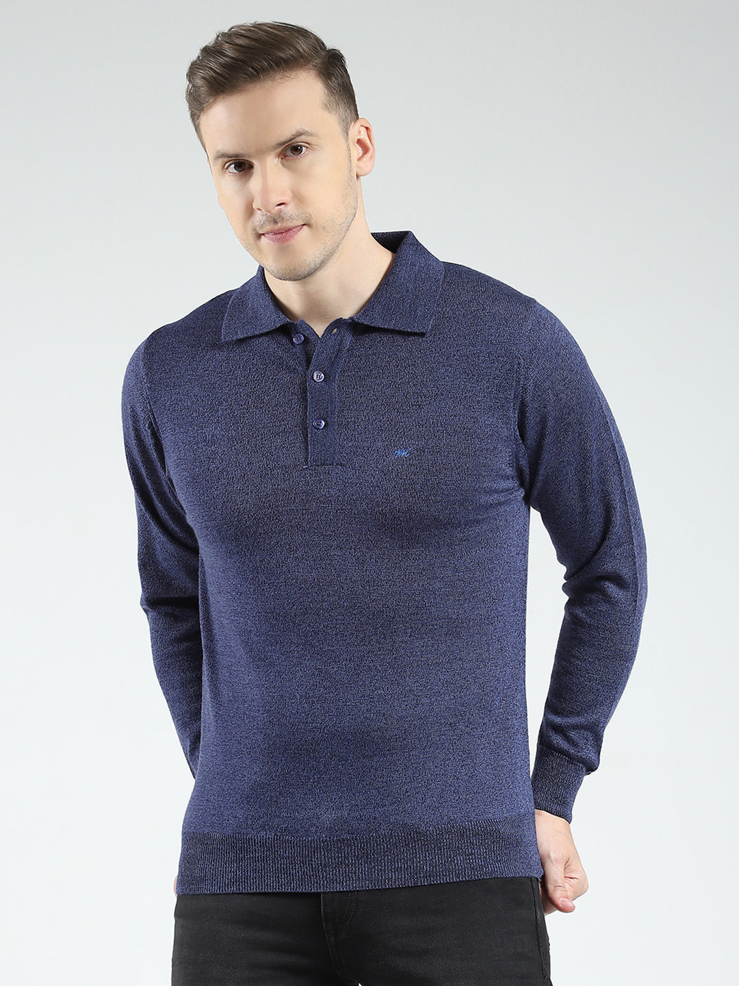 Men Navy Blue Solid Collar Full Sleeve Winter T-Shirt