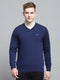Men Blue Solid V Neck Full Sleeve Pullover