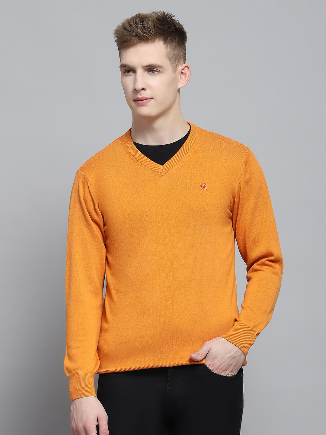 Men Orange Solid V Neck Full Sleeve Pullover