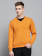 Men Orange Solid V Neck Full Sleeve Pullover