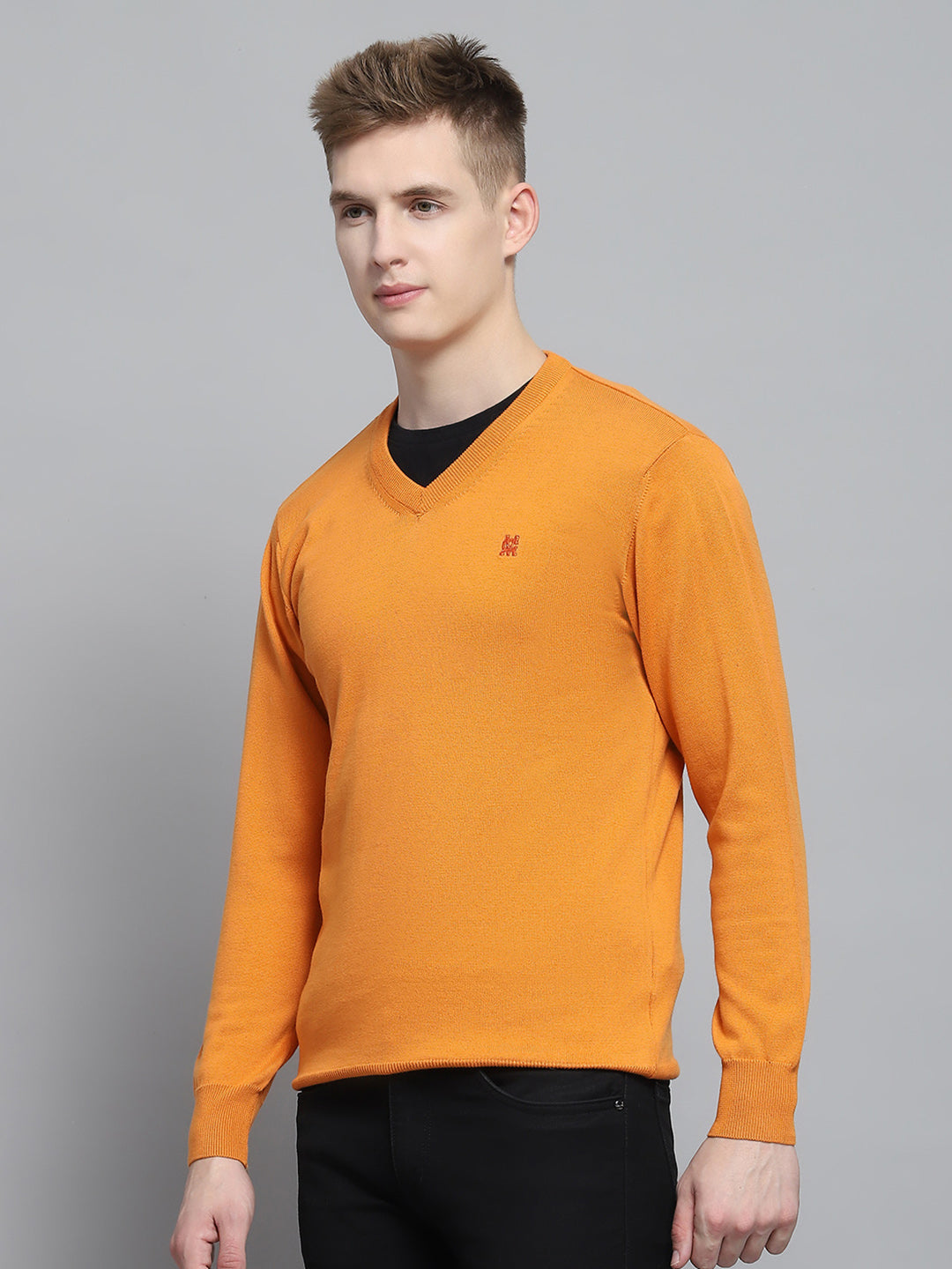 Men Orange Solid V Neck Full Sleeve Pullover