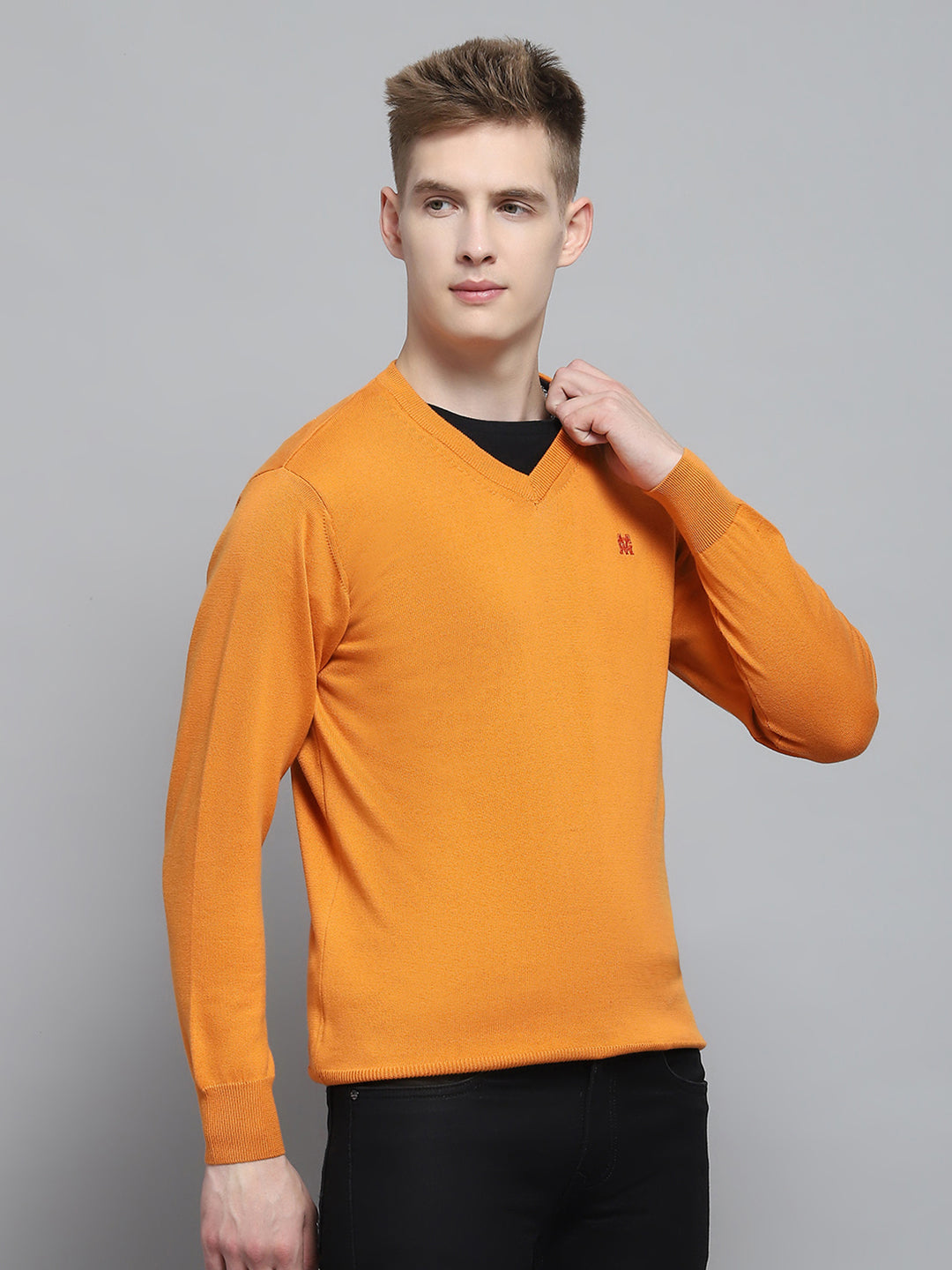 Men Orange Solid V Neck Full Sleeve Pullover