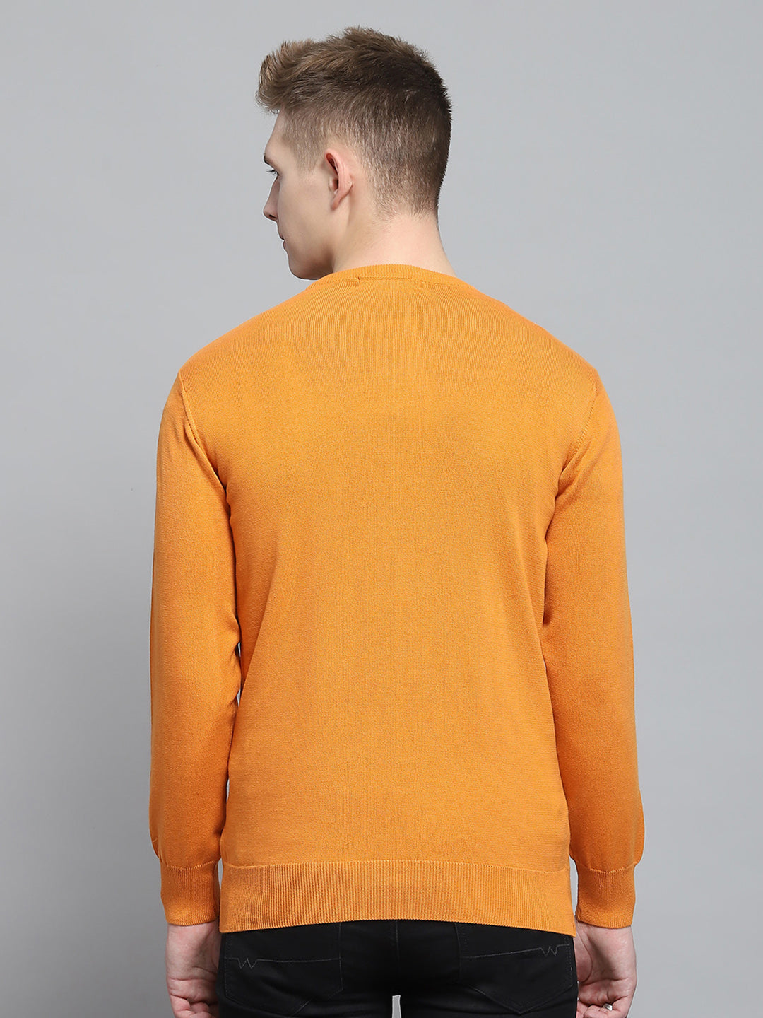 Men Orange Solid V Neck Full Sleeve Pullover