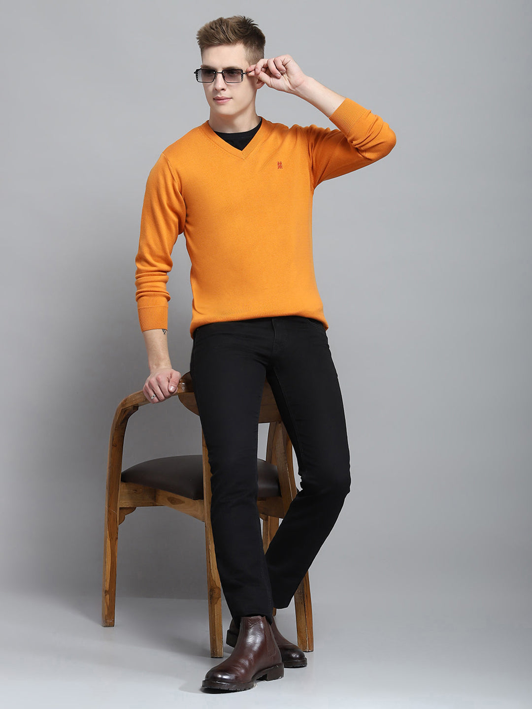 Men Orange Solid V Neck Full Sleeve Pullover