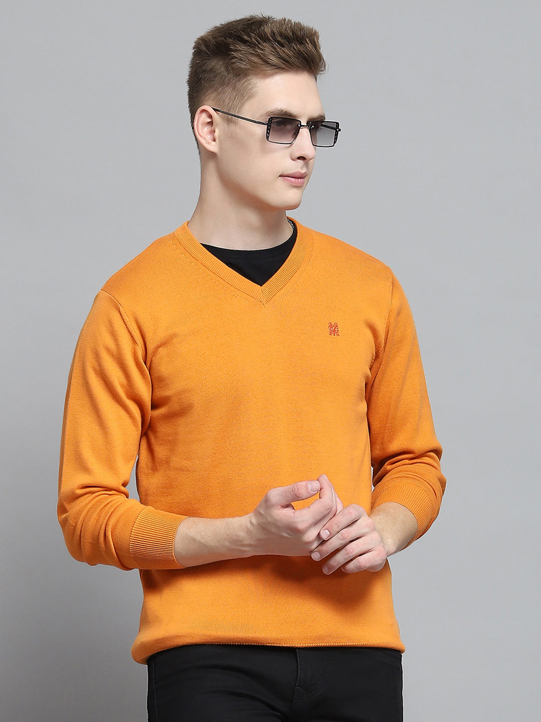 Men Orange Solid V Neck Full Sleeve Pullover