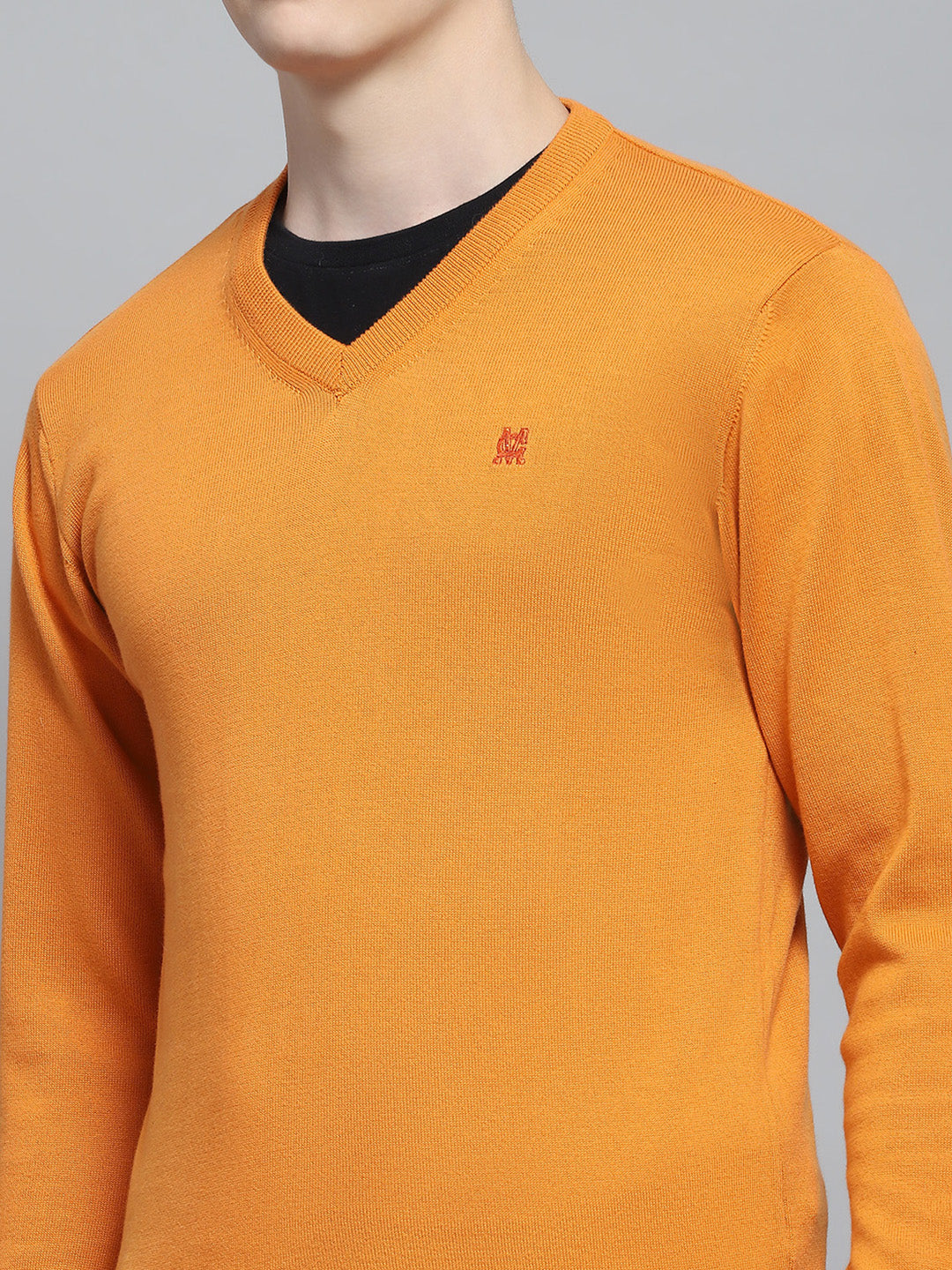 Men Orange Solid V Neck Full Sleeve Pullover