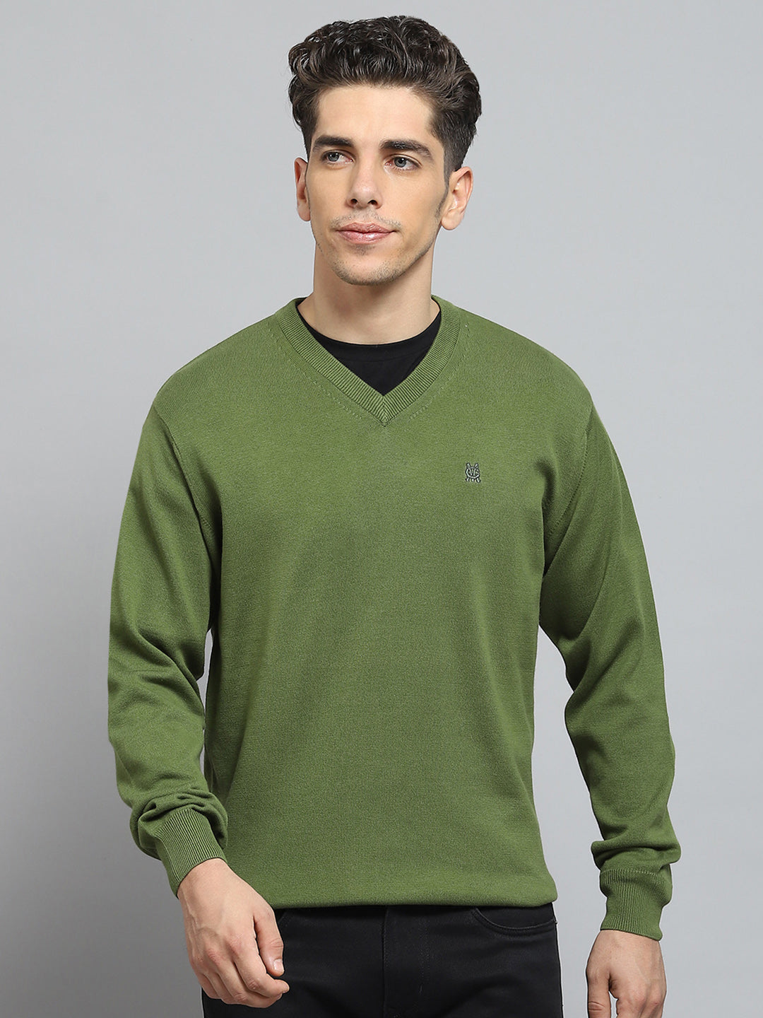 Men Green Solid V Neck Full Sleeve Pullover
