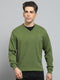 Men Green Solid V Neck Full Sleeve Pullover
