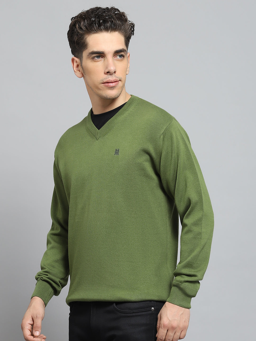 Men Green Solid V Neck Full Sleeve Pullover