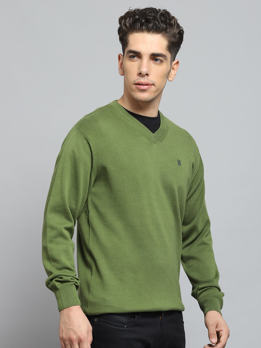 Men Green Solid V Neck Full Sleeve Pullover