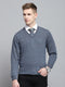 Men Blue Solid V Neck Full Sleeve Pullover