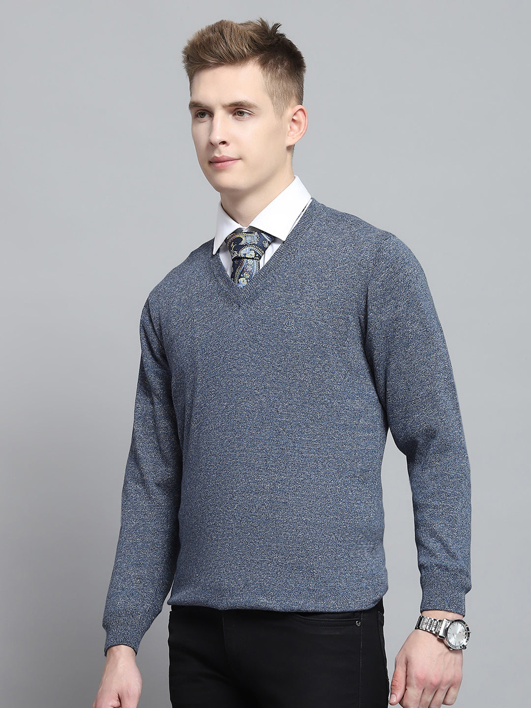 Men Blue Solid V Neck Full Sleeve Pullover