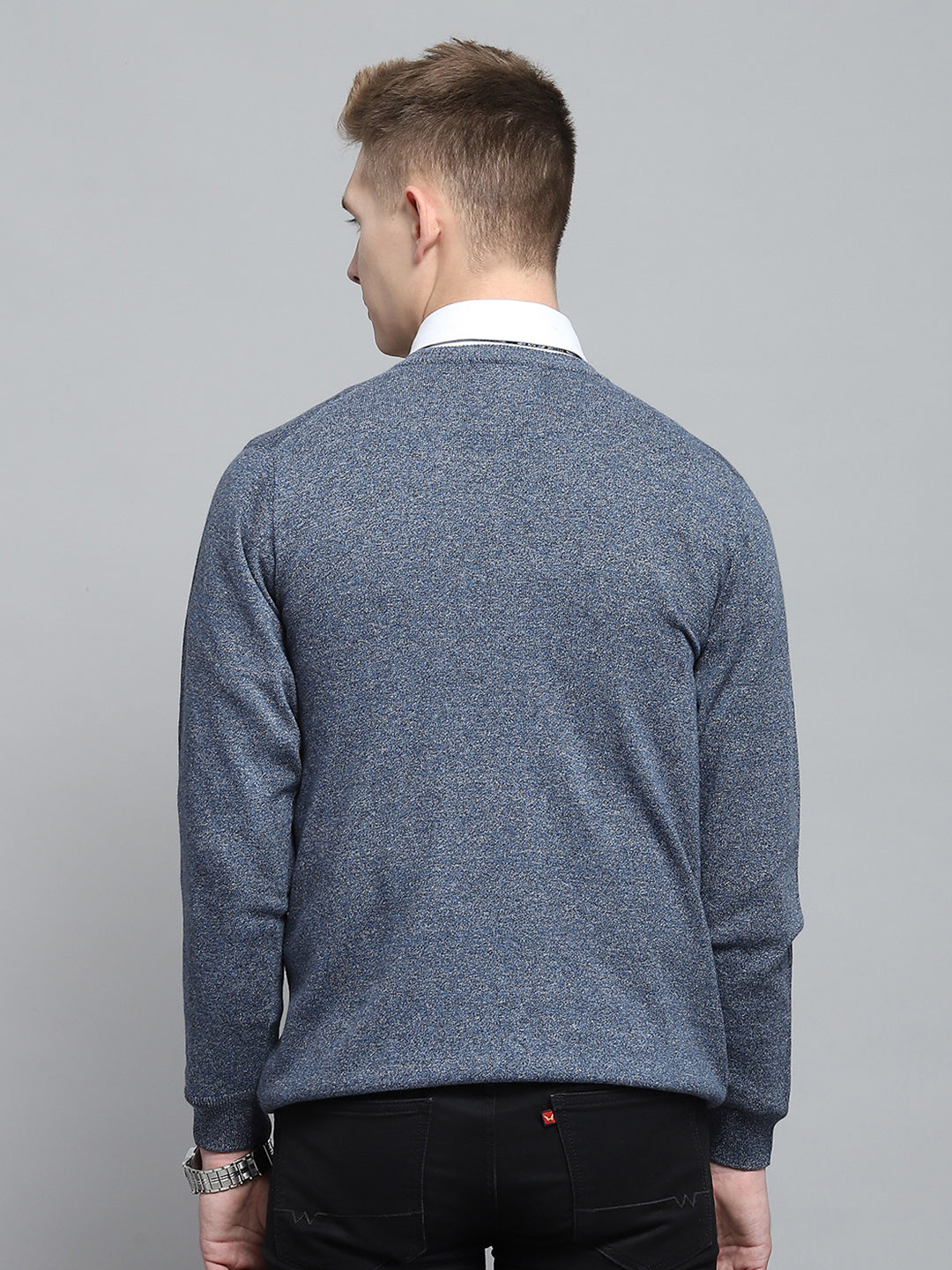 Men Blue Solid V Neck Full Sleeve Pullover