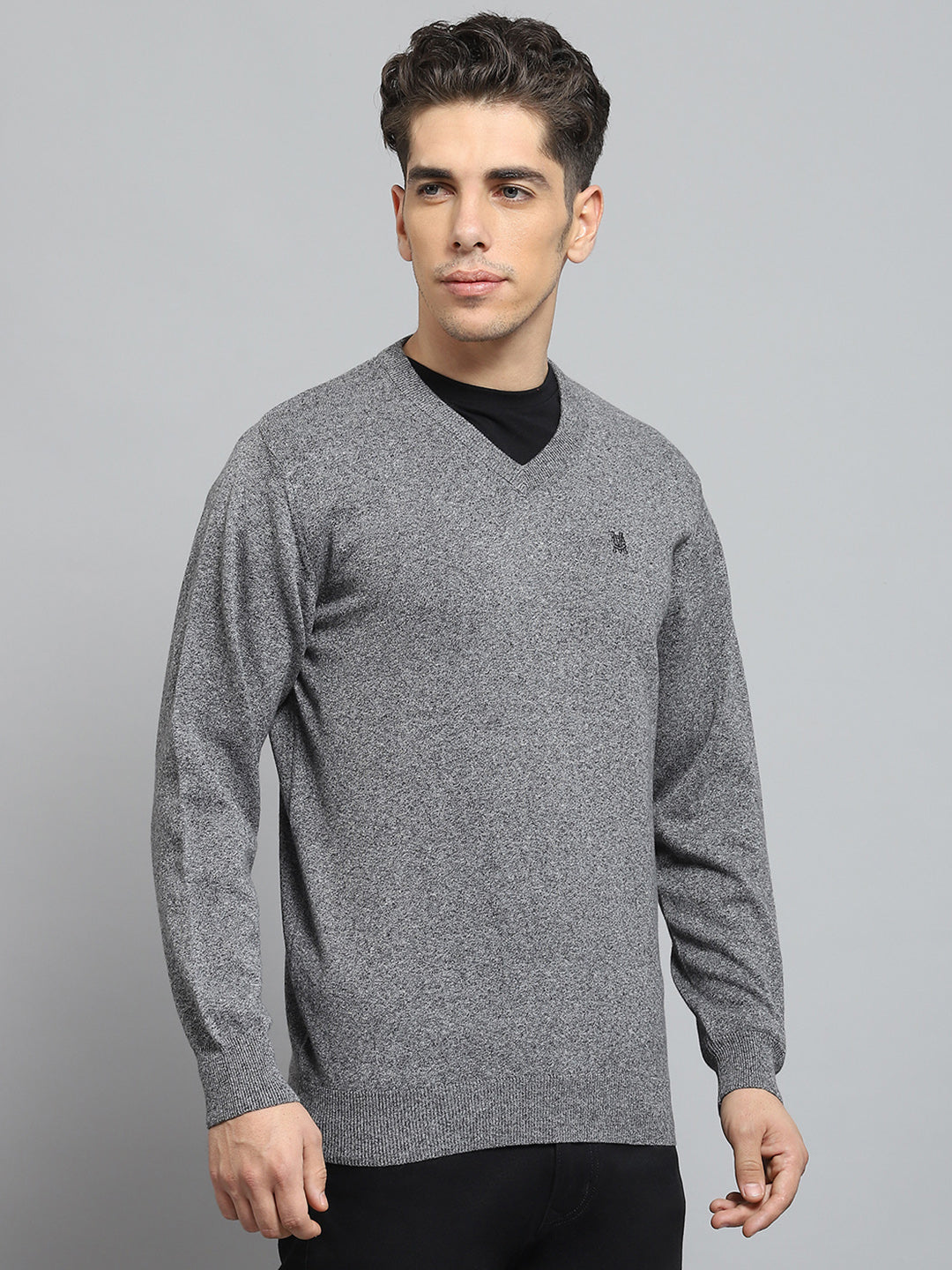 Men Grey Solid V Neck Full Sleeve Pullover