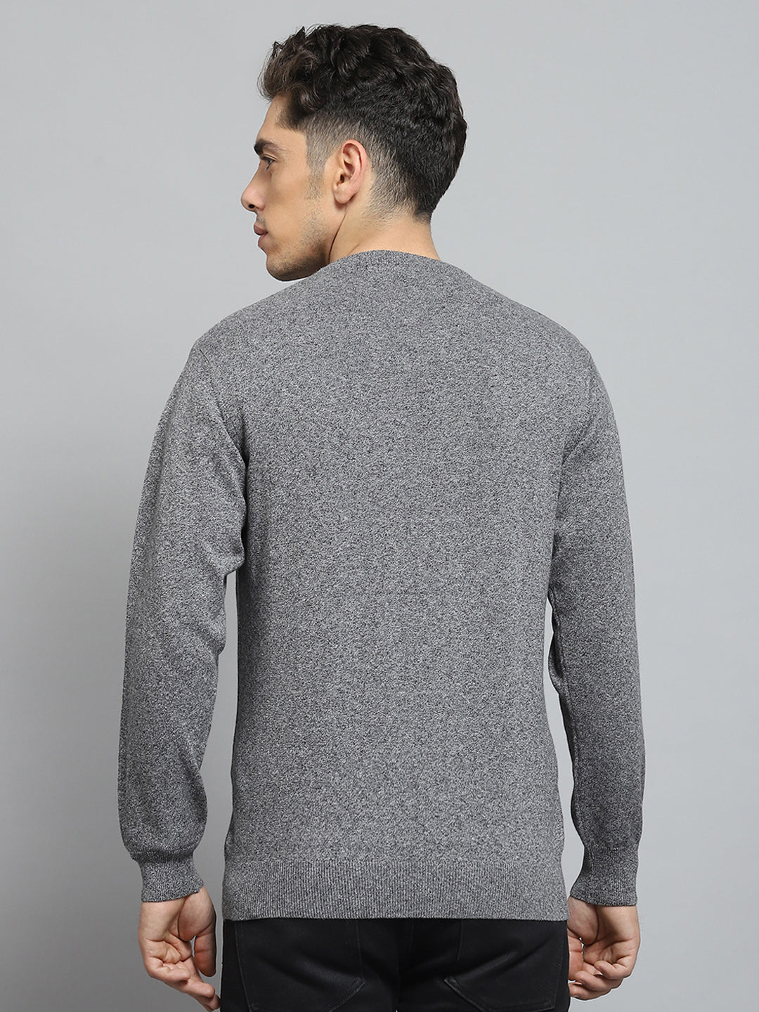 Men Grey Solid V Neck Full Sleeve Pullover