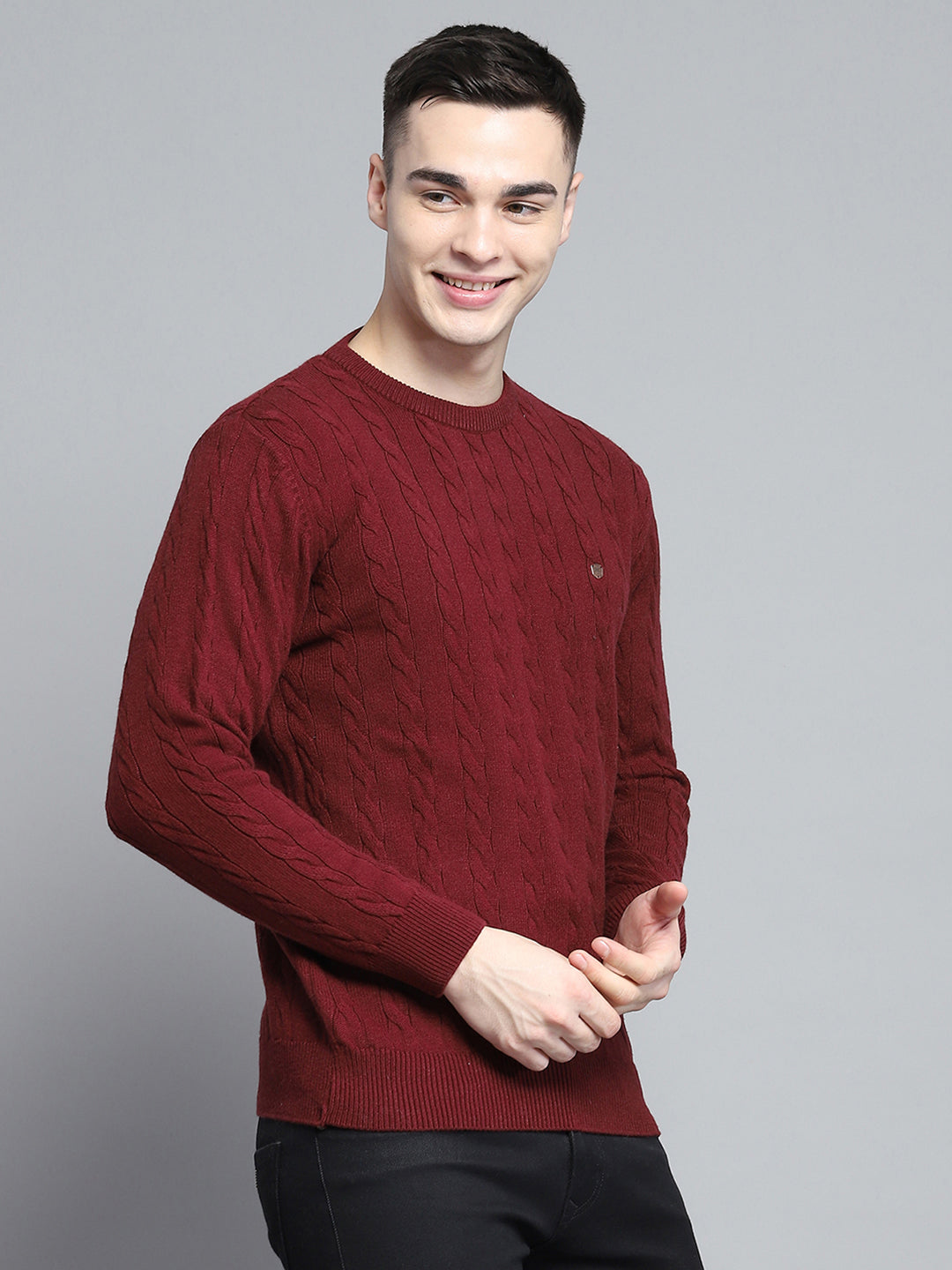 Men Maroon Solid Round Neck Full Sleeve Pullover