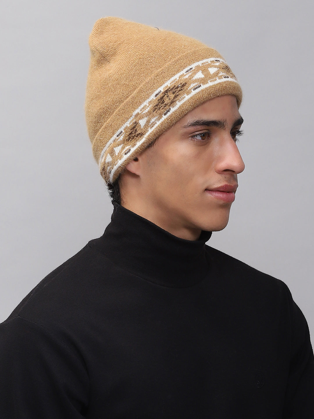 Men Camel Brown Self Design Cap