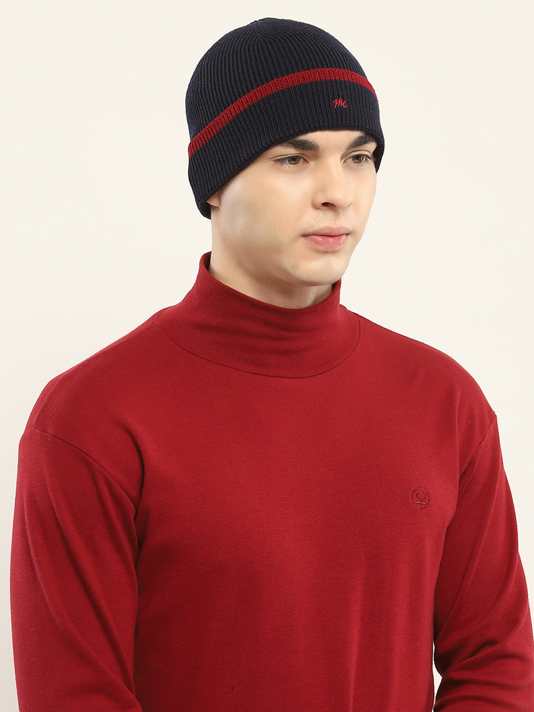 Men Navy Blue Self Design Cap