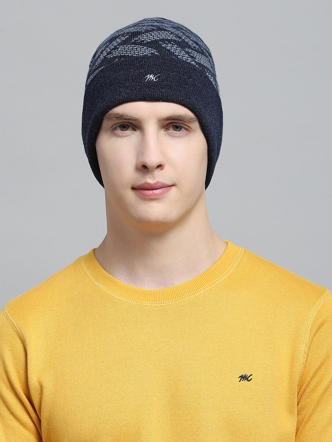 Men Navy Blue Self Design Cap