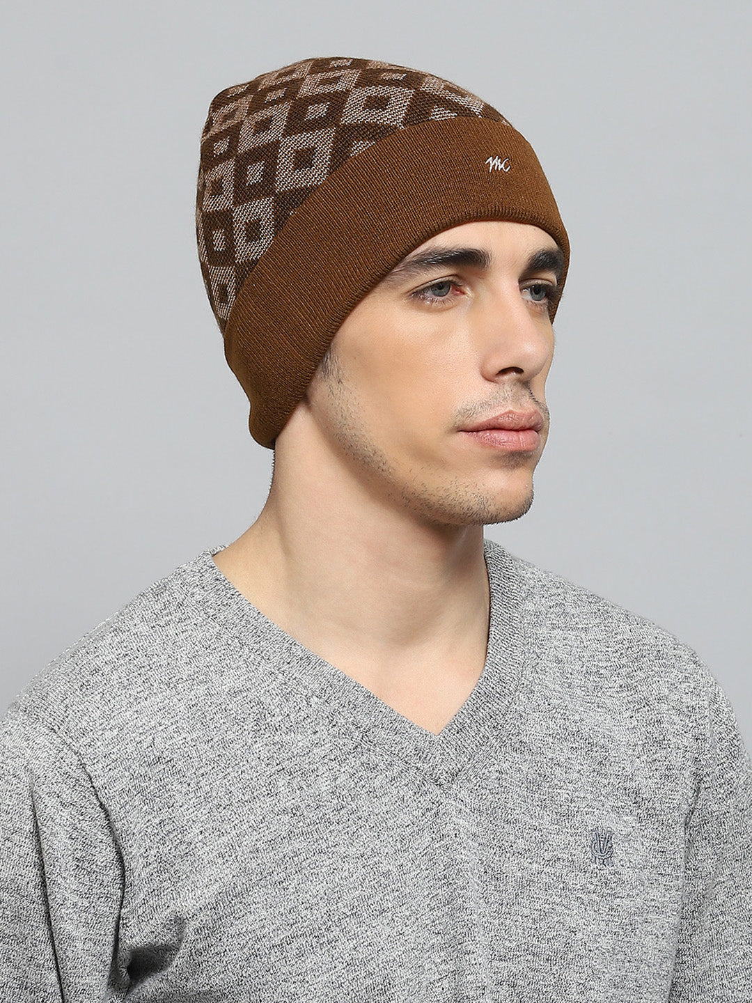 Men Brown Self Design Cap