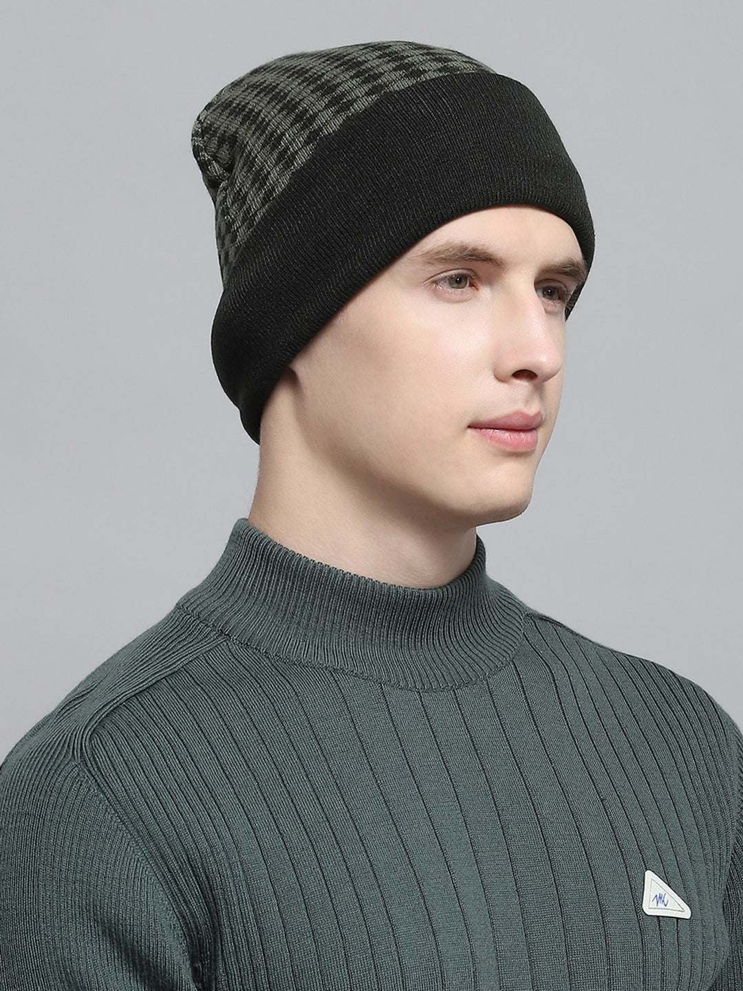 Men Olive Self Design Cap