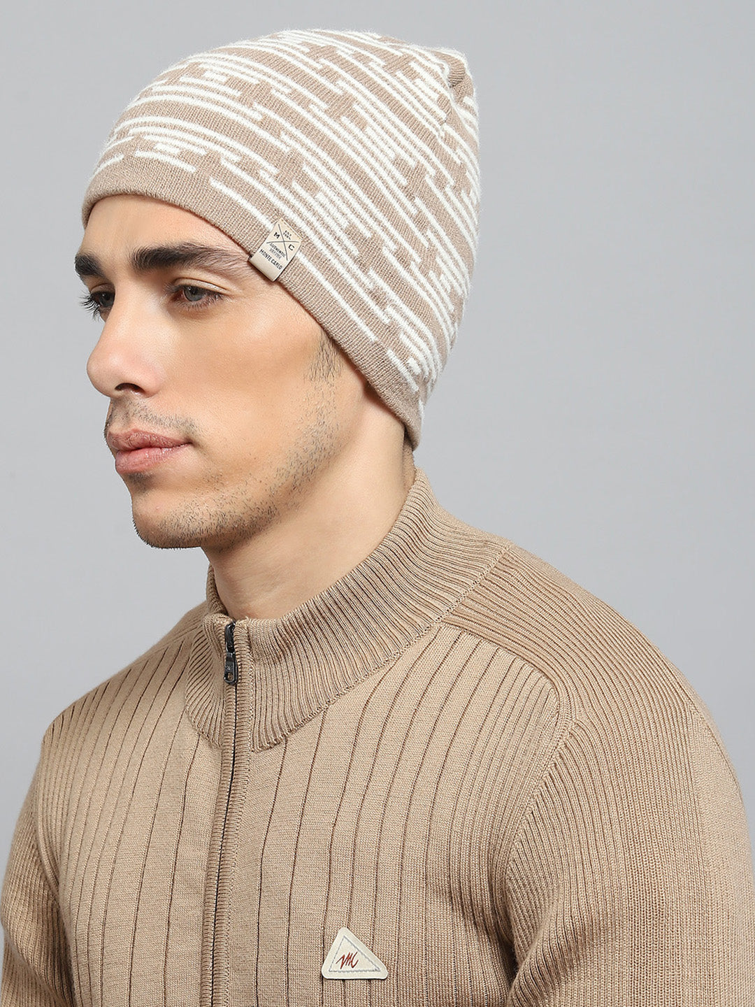 Men Beige Self Design Cap