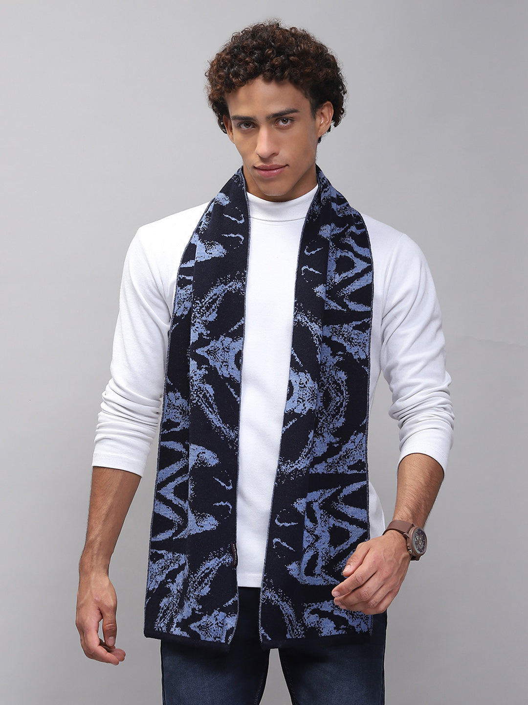 Men Navy Blue Self Design Muffler
