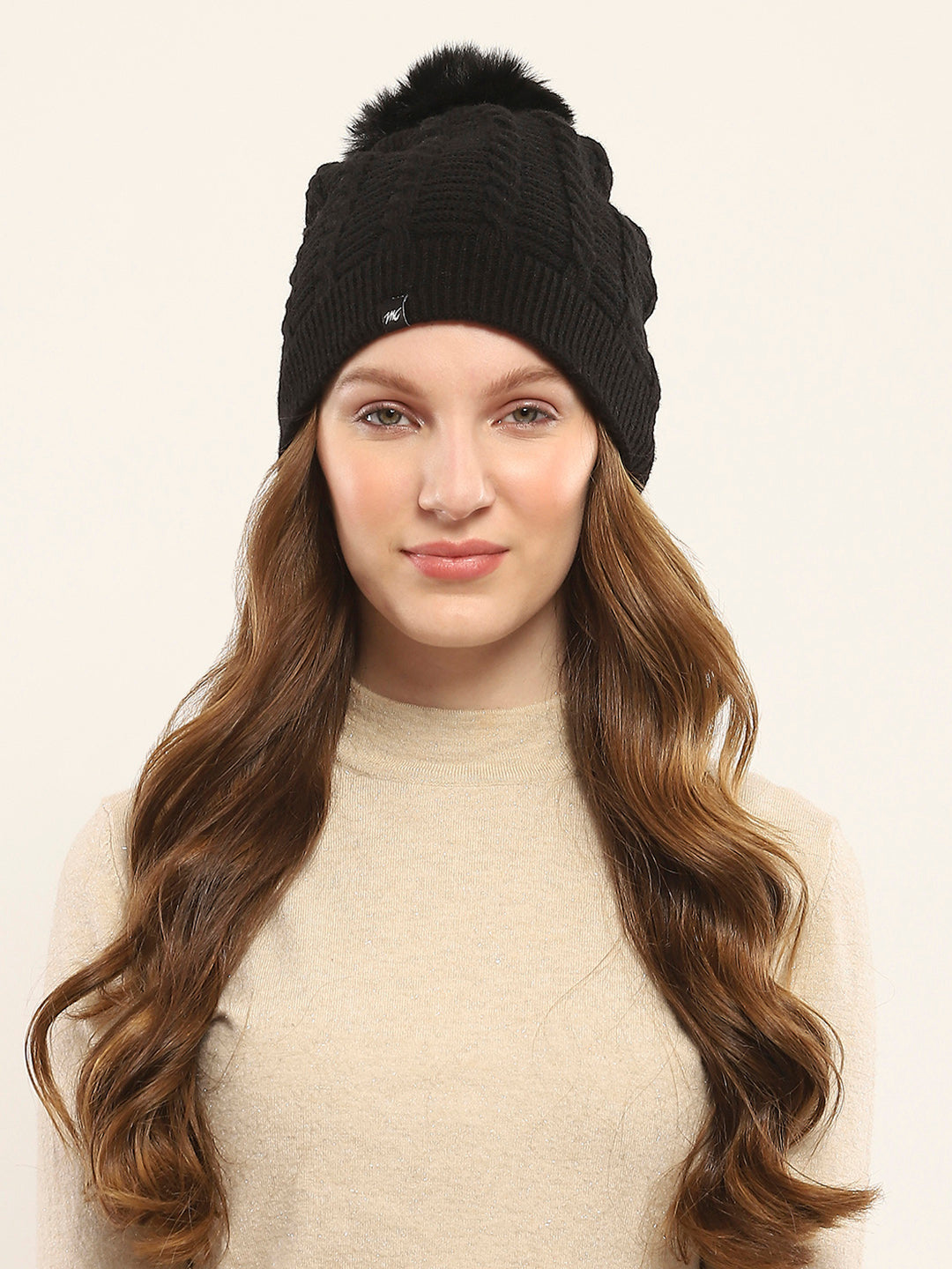 Women Black Self Design Cap