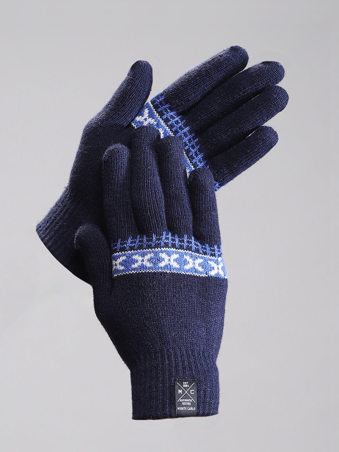 Men Navy Blue Self Design Gloves