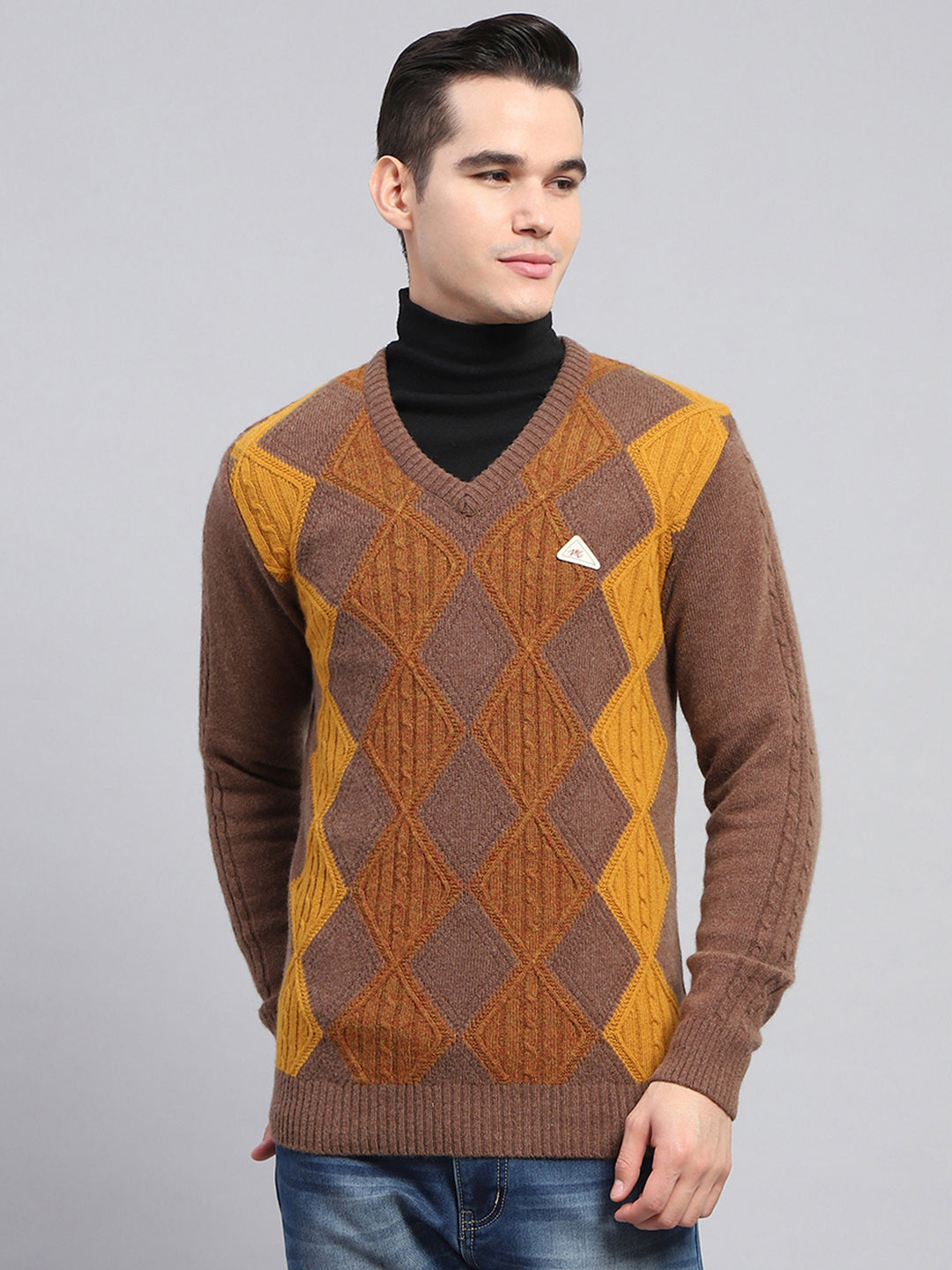 Men Brown Self Design V Neck Full Sleeve Pullover