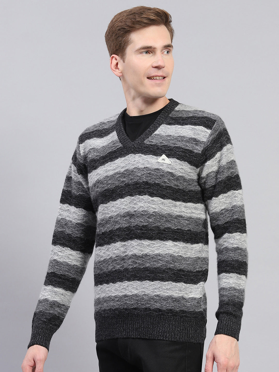 Men Black Stripe V Neck Full Sleeve Pullover