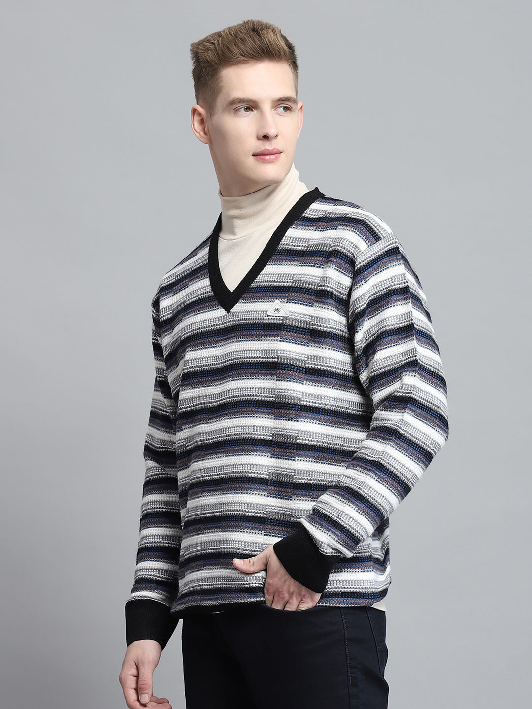 Men Black Self Design V Neck Full Sleeve Pullover