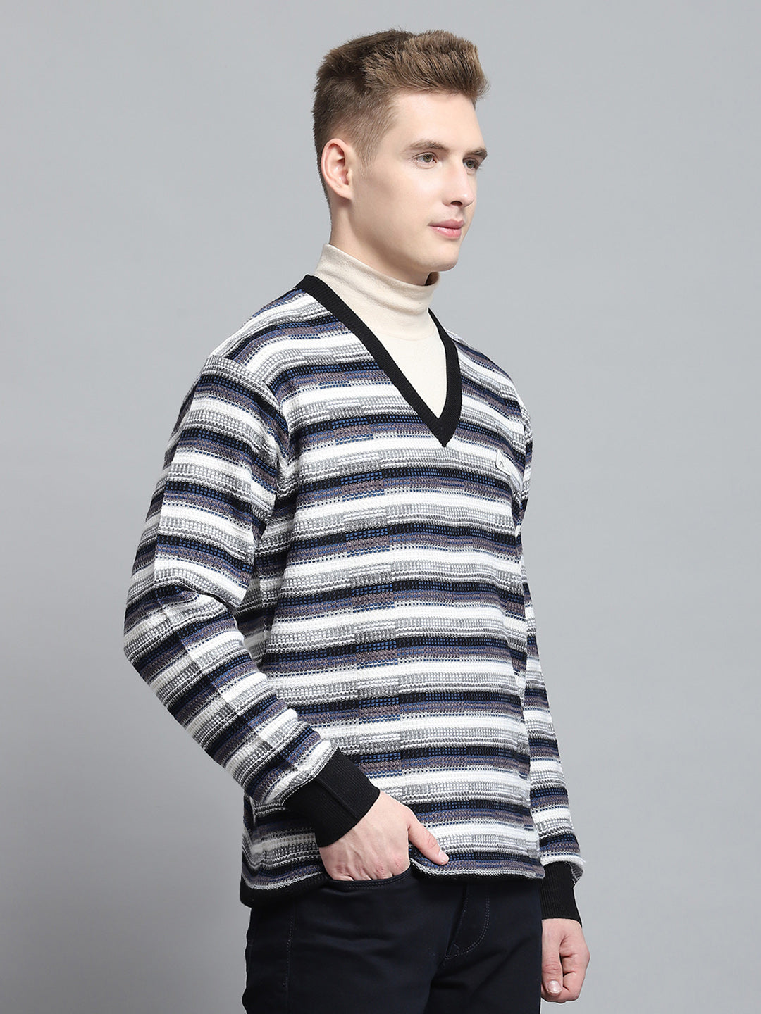 Men Black Self Design V Neck Full Sleeve Pullover