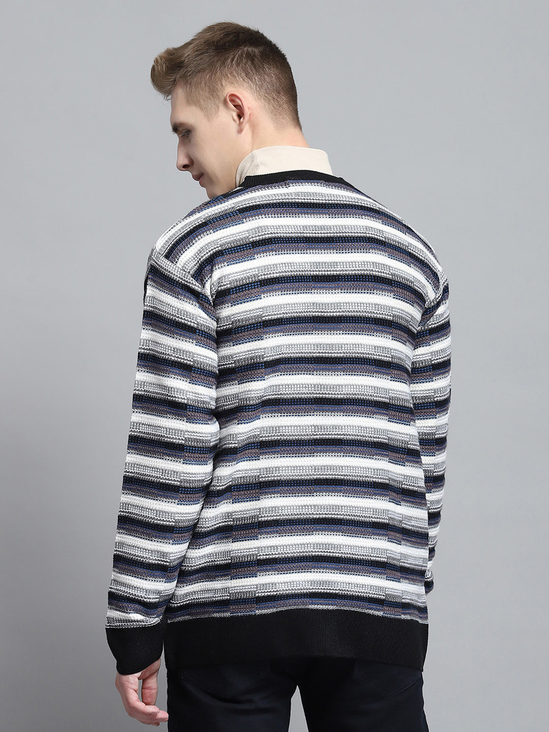 Men Black Self Design V Neck Full Sleeve Pullover