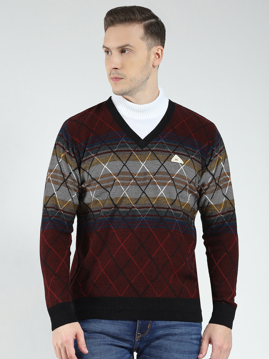 Men Maroon Self Design V Neck Full Sleeve Pullover