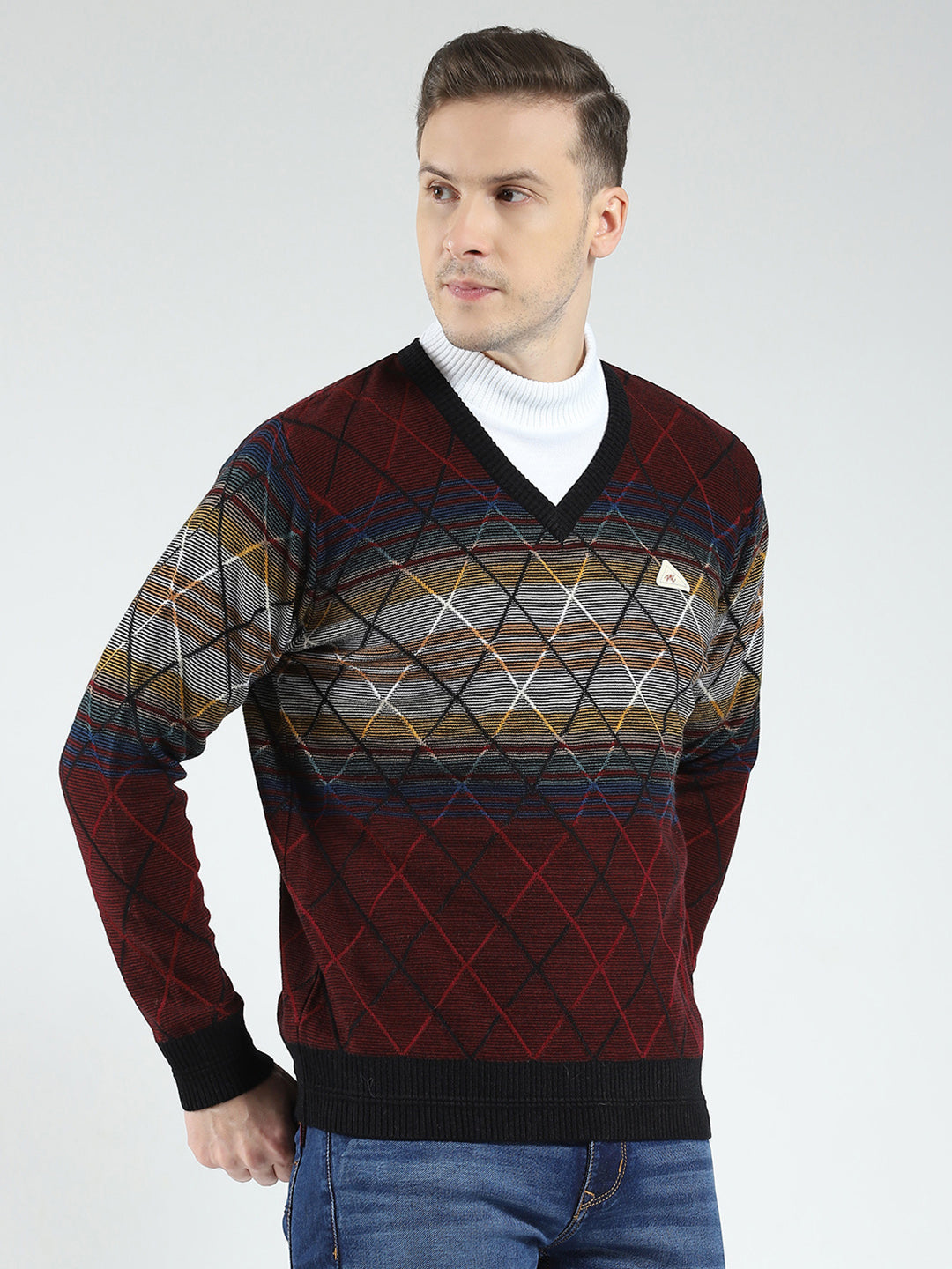 Men Maroon Self Design V Neck Full Sleeve Pullover