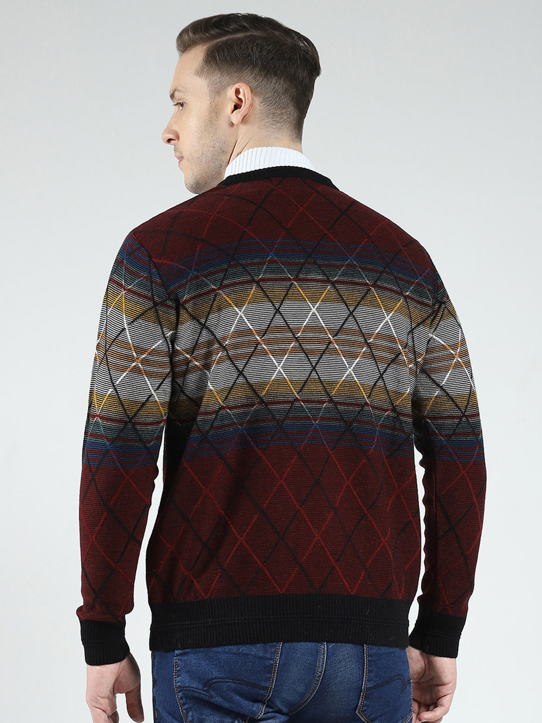 Men Maroon Self Design V Neck Full Sleeve Pullover