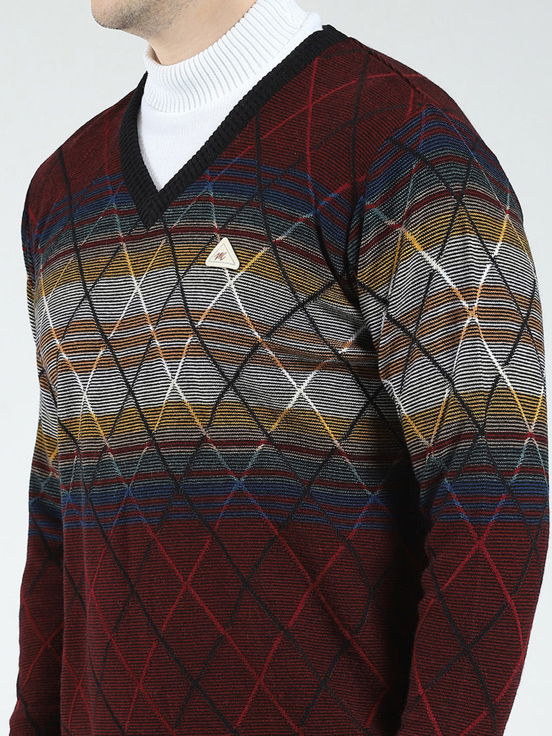 Men Maroon Self Design V Neck Full Sleeve Pullover