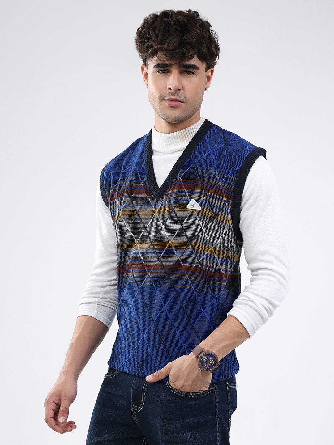 Men Blue Abstract V Neck Sleeveless Sweater