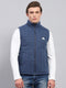 Men Blue Self Design Mock Neck Sleeveless Jacket