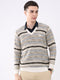Men White Abstract V Neck Full Sleeve Pullover