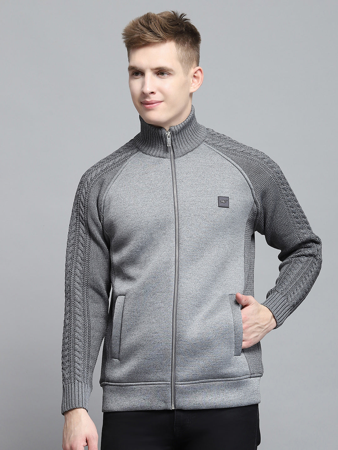 Men Grey Self Design Mock Neck Full Sleeve Pullover