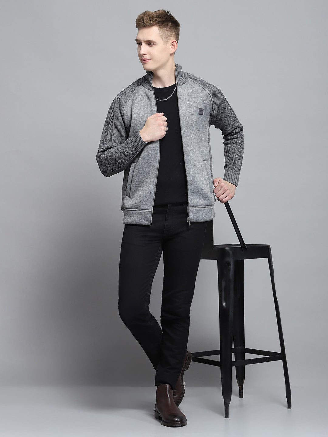 Men Grey Self Design Mock Neck Full Sleeve Pullover