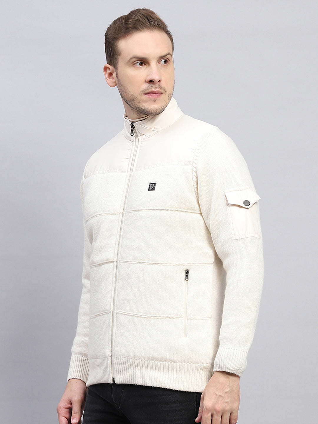 Men Off White Self Design Mock Neck Full Sleeve Jacket