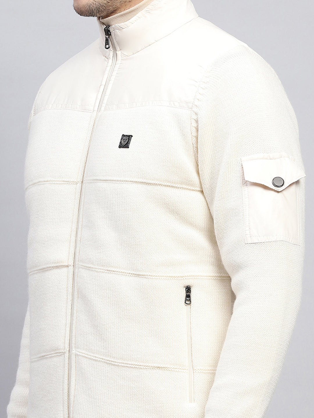 Men Off White Self Design Mock Neck Full Sleeve Jacket