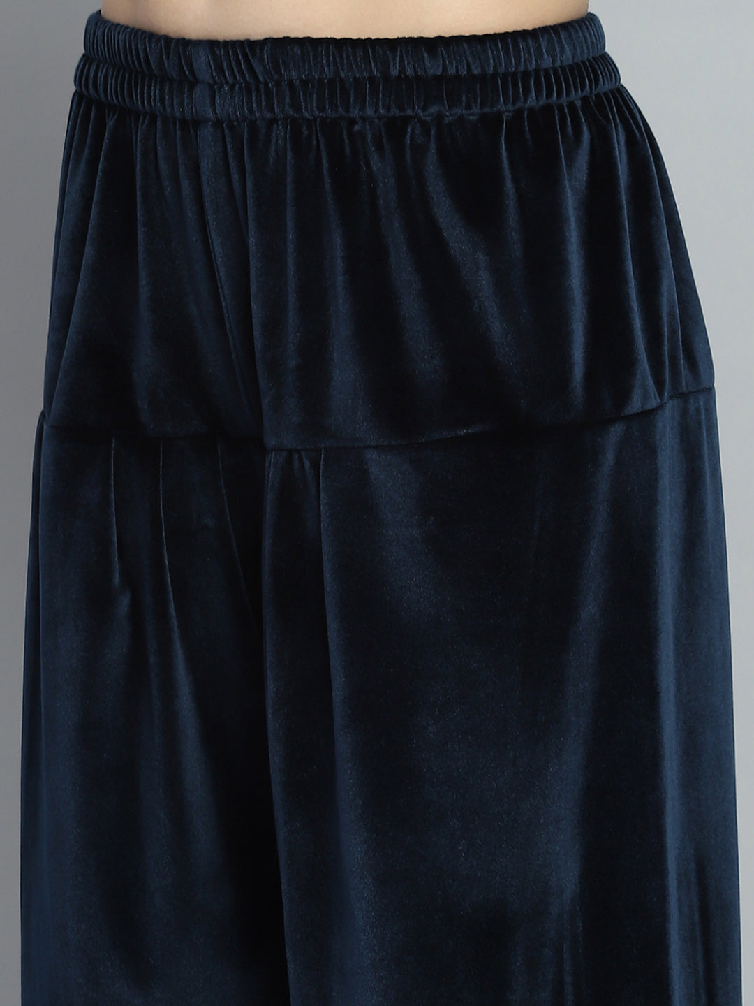 Women Navy Blue Self Design Round Neck Full Sleeve Kurti Set for Winter